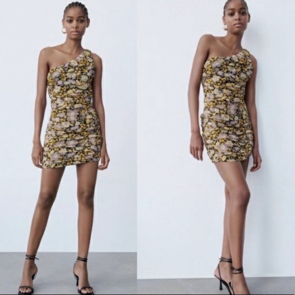 Zara NWT Allover Floral Print One Shoulder Ruched Gathered Bodycon Dress Size S